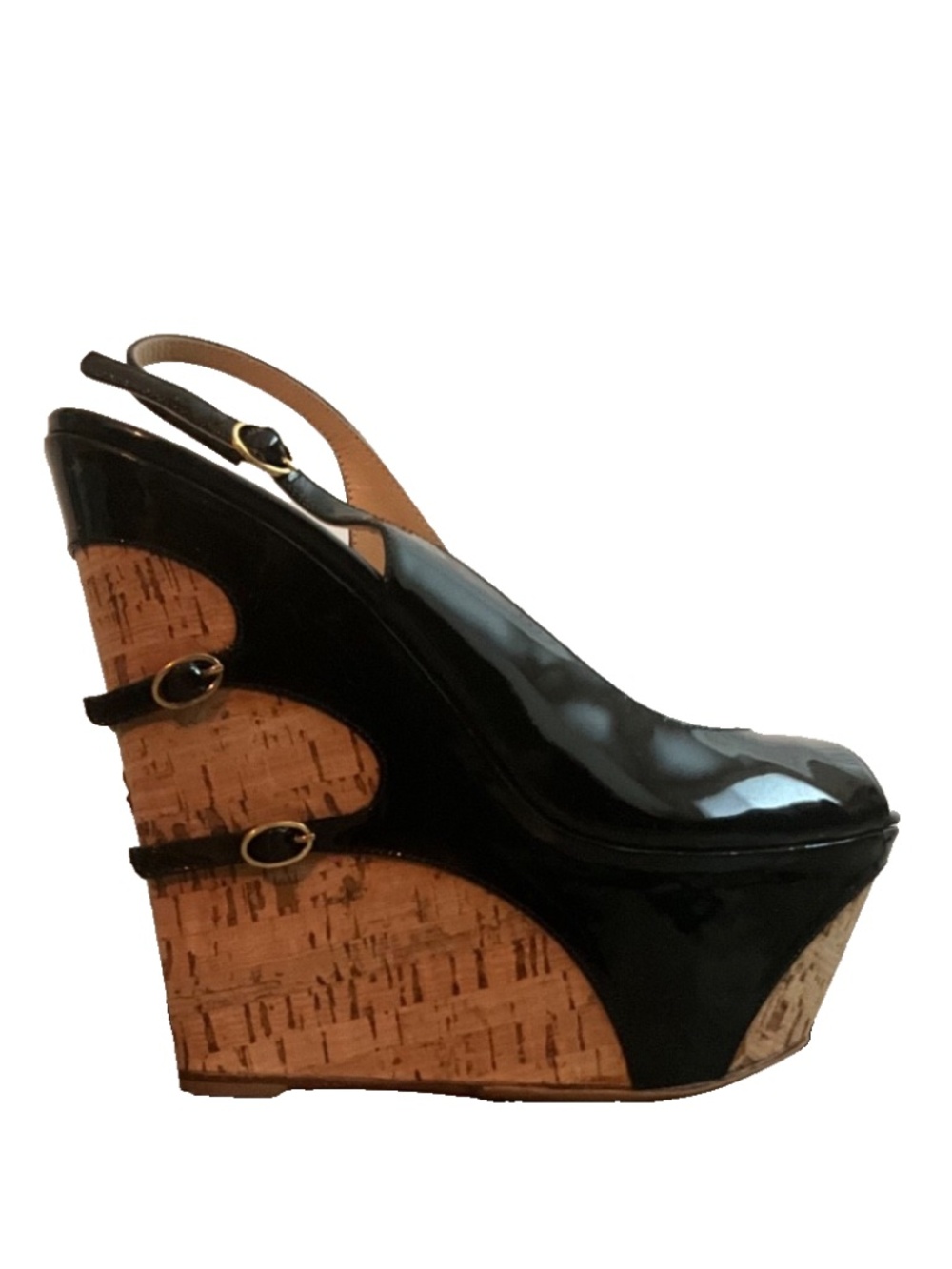 GIANMARCO LORENZI Platform Cork Wedge Heel with Patent Leather Straps EU 40